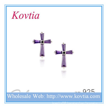 Women accessories jewelry purple crystal cross 925 sterling silllver stud earring